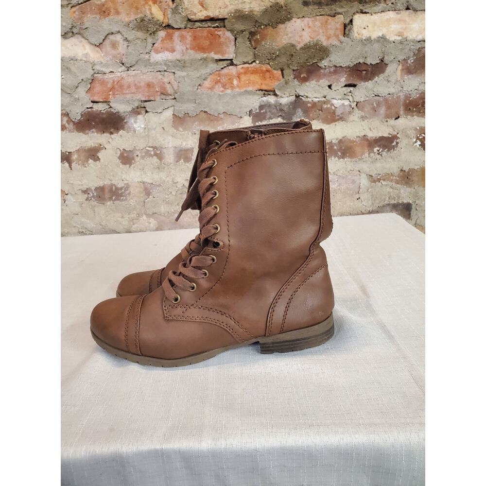 Time And Tru Womens Boots 8.5 Brown Lace Up Side Zip Cap Toe Combat Synthetic - Picture 3 of 6